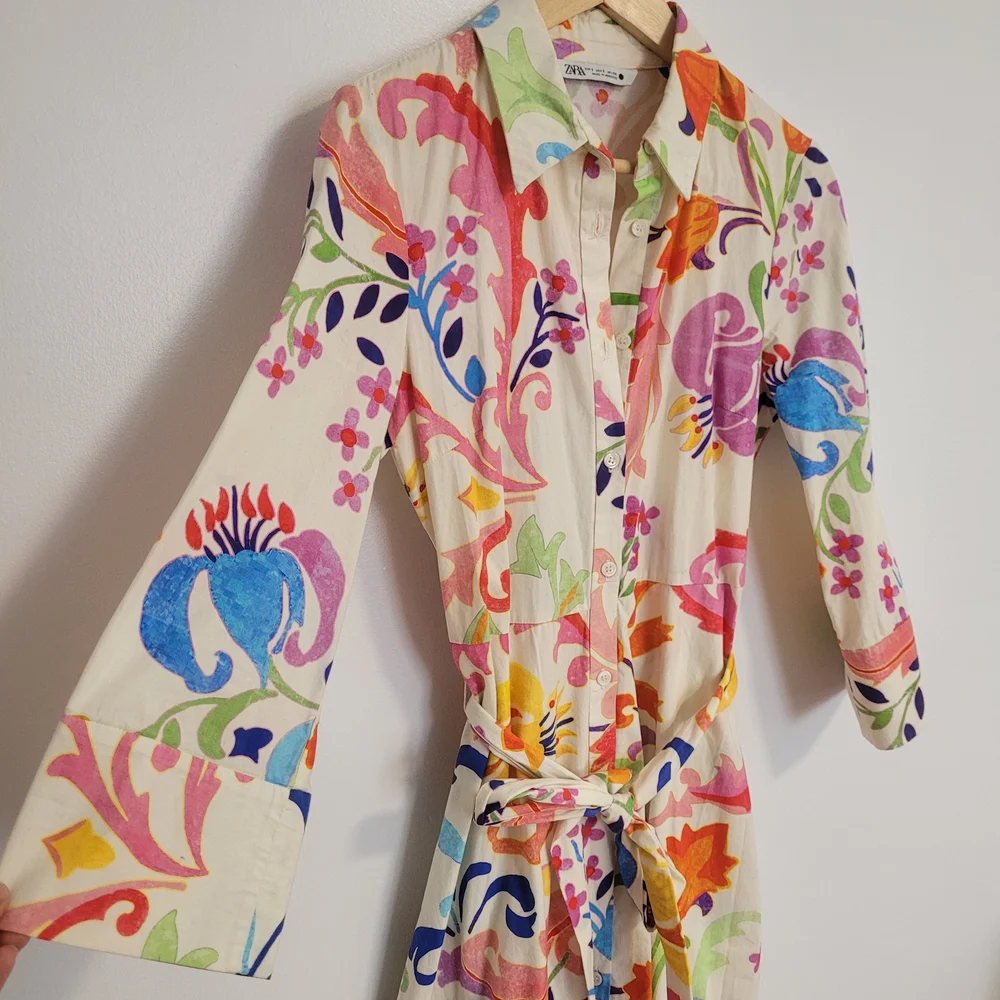Zara Floral Midi Shirt Dress Long Sleeve Size S Tie Belt Watercolor Flowers - Picture 5 of 14